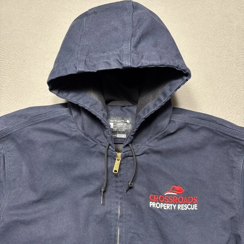 Carhartt Jacket Men XL Blue Loose Firm Duck Canvas Thermal Lined Hooded Workwear